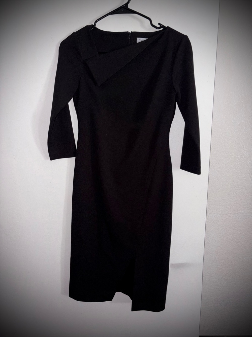 LN Calvin Klein Black Midi Sheath Dress with Asymmetric Neckline